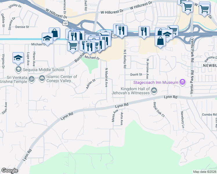 map of restaurants, bars, coffee shops, grocery stores, and more near North Madrid Avenue in Thousand Oaks