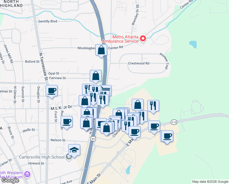 map of restaurants, bars, coffee shops, grocery stores, and more near 521 Rowland Springs Road in Cartersville