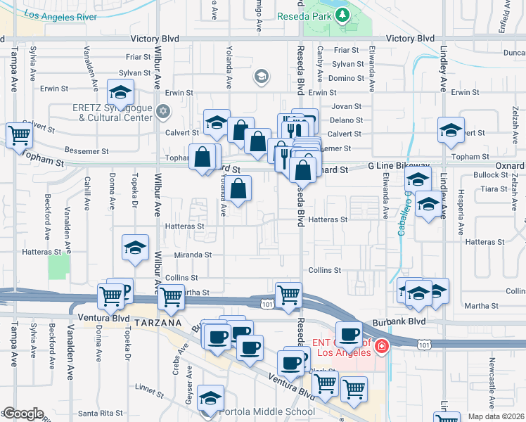 map of restaurants, bars, coffee shops, grocery stores, and more near 18601 Hatteras Street in Los Angeles