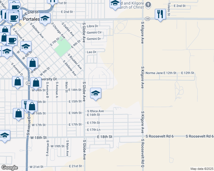 map of restaurants, bars, coffee shops, grocery stores, and more near 1362 Oakwood Circle in Portales