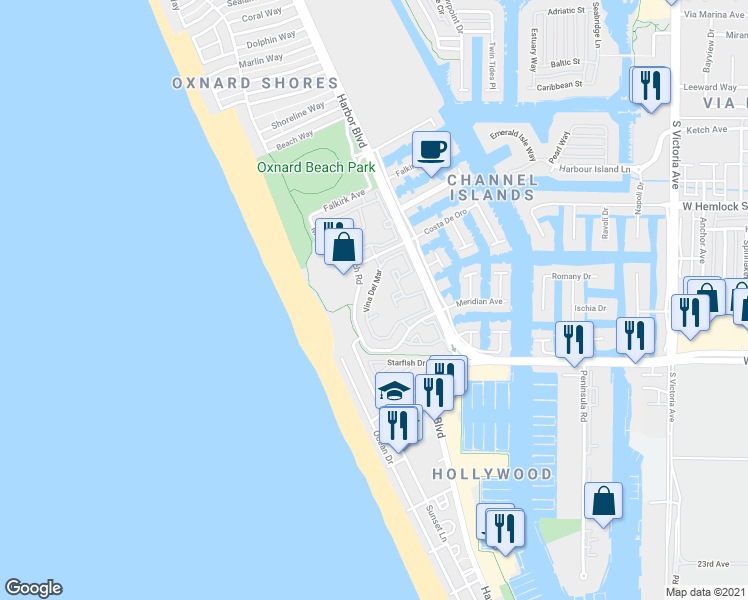 map of restaurants, bars, coffee shops, grocery stores, and more near 2202 Vina Del Mar in Oxnard