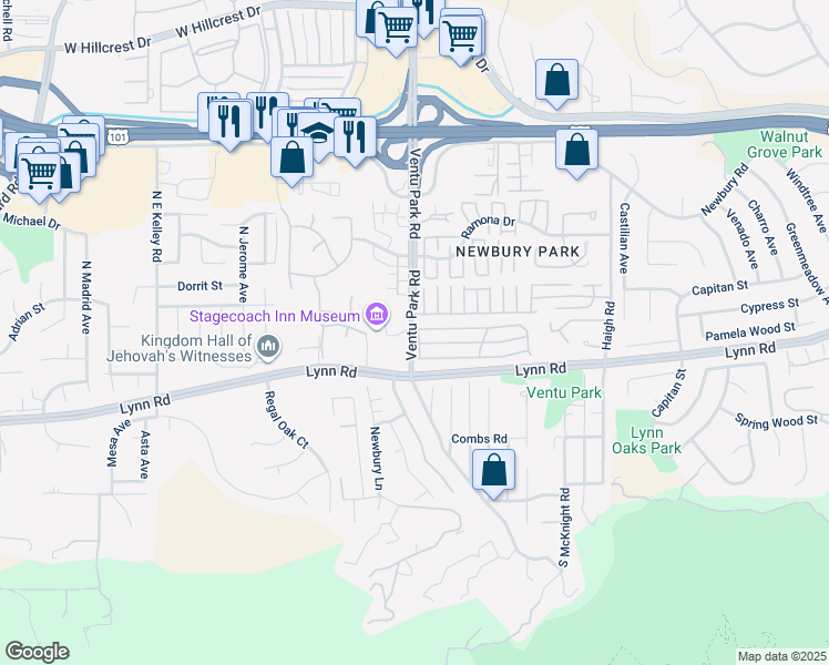 map of restaurants, bars, coffee shops, grocery stores, and more near 58 Farland Drive in Thousand Oaks