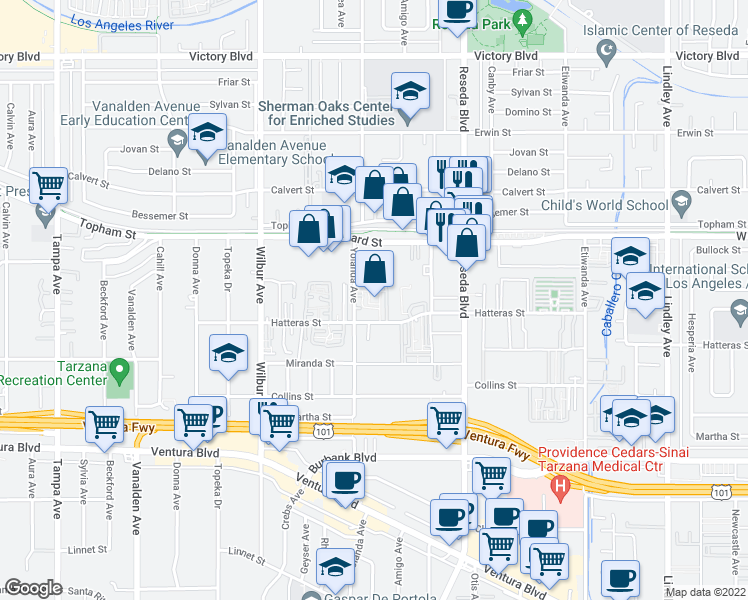 map of restaurants, bars, coffee shops, grocery stores, and more near 15 Yolanda Avenue in Los Angeles