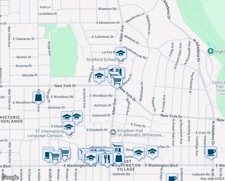 map of restaurants, bars, coffee shops, grocery stores, and more near 1853 Allen Avenue in Pasadena