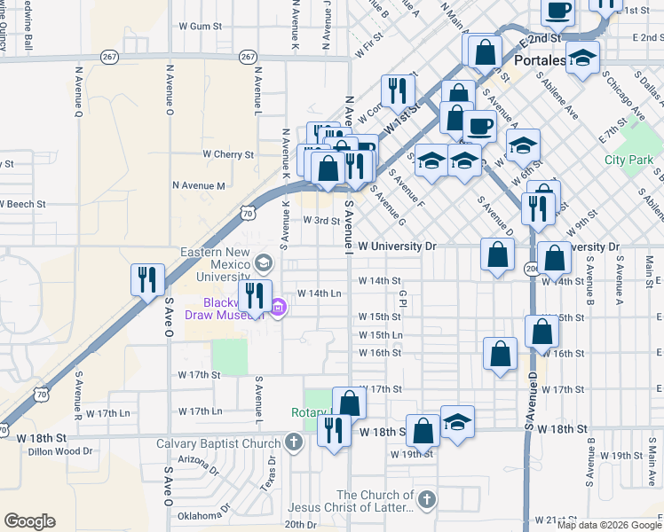 map of restaurants, bars, coffee shops, grocery stores, and more near 1404 South Avenue I in Portales