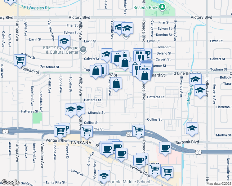 map of restaurants, bars, coffee shops, grocery stores, and more near 18645 Hatteras Street in Los Angeles