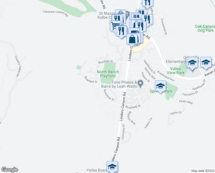 map of restaurants, bars, coffee shops, grocery stores, and more near 5663 Tanner Ridge Avenue in Westlake Village