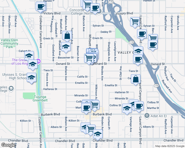map of restaurants, bars, coffee shops, grocery stores, and more near 5916 Whitsett Avenue in Los Angeles
