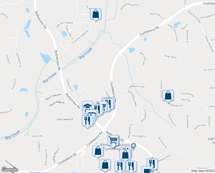 map of restaurants, bars, coffee shops, grocery stores, and more near 5230 Field Wood Drive in Cumming