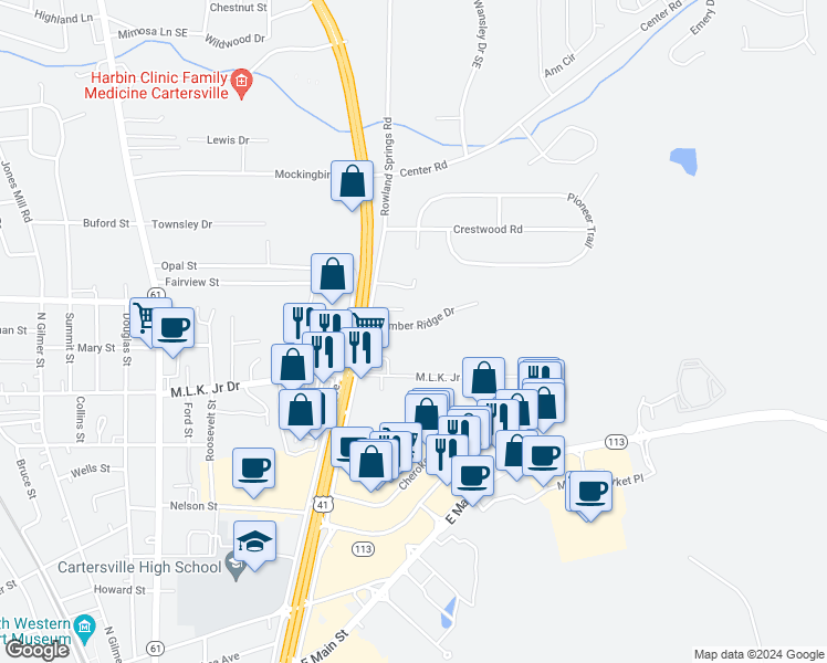 map of restaurants, bars, coffee shops, grocery stores, and more near 36 Timber Ridge Drive in Cartersville