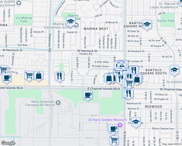 map of restaurants, bars, coffee shops, grocery stores, and more near 129 East Carmel Green in Port Hueneme