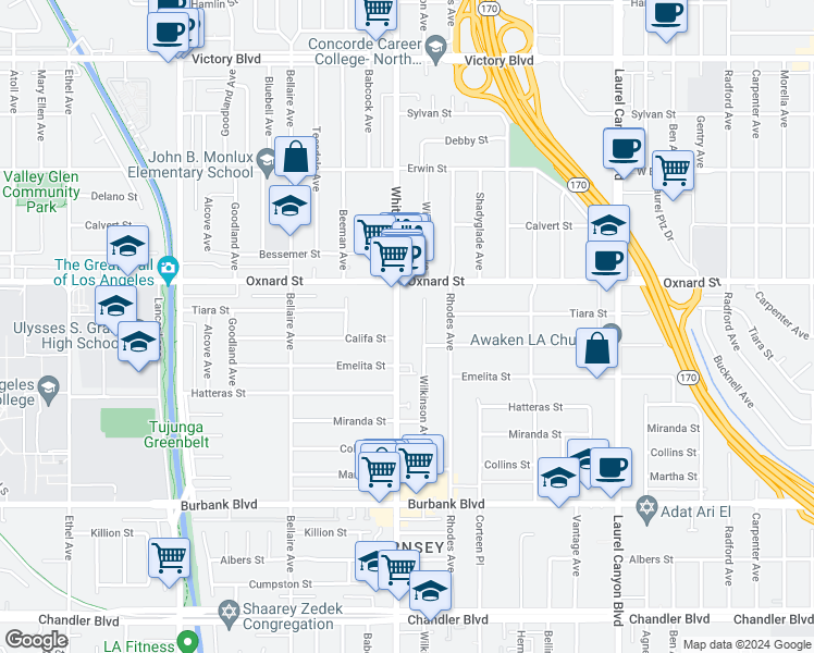 map of restaurants, bars, coffee shops, grocery stores, and more near 5916 Whitsett Avenue in Los Angeles