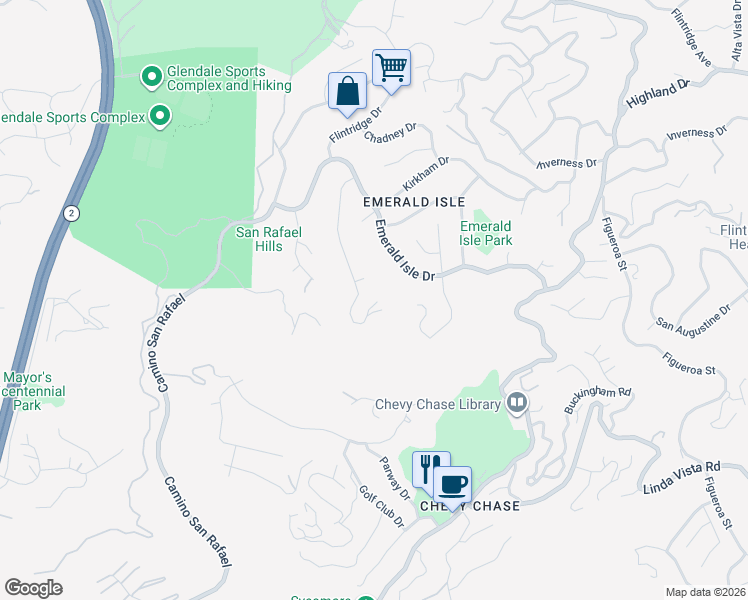 map of restaurants, bars, coffee shops, grocery stores, and more near 1940 Erin Way in Glendale