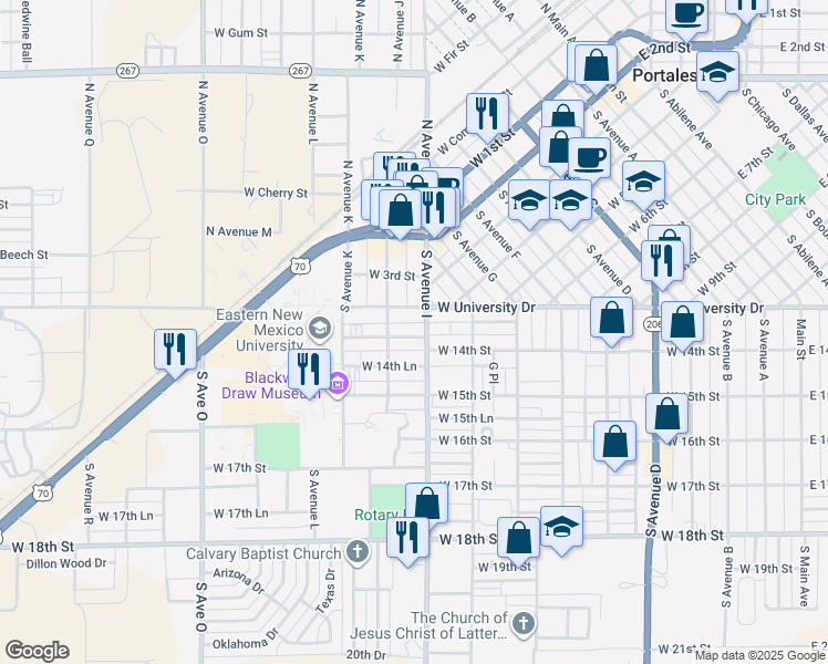 map of restaurants, bars, coffee shops, grocery stores, and more near 1404 South Avenue I in Portales