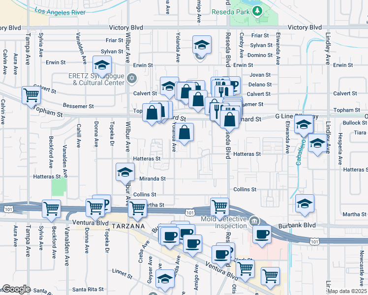 map of restaurants, bars, coffee shops, grocery stores, and more near 18645 Hatteras Street in Los Angeles