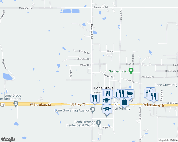 map of restaurants, bars, coffee shops, grocery stores, and more near 2461 Newport Road in Lone Grove