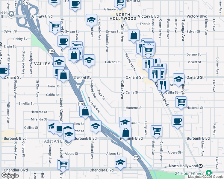 map of restaurants, bars, coffee shops, grocery stores, and more near 5912 Carpenter Avenue in Los Angeles