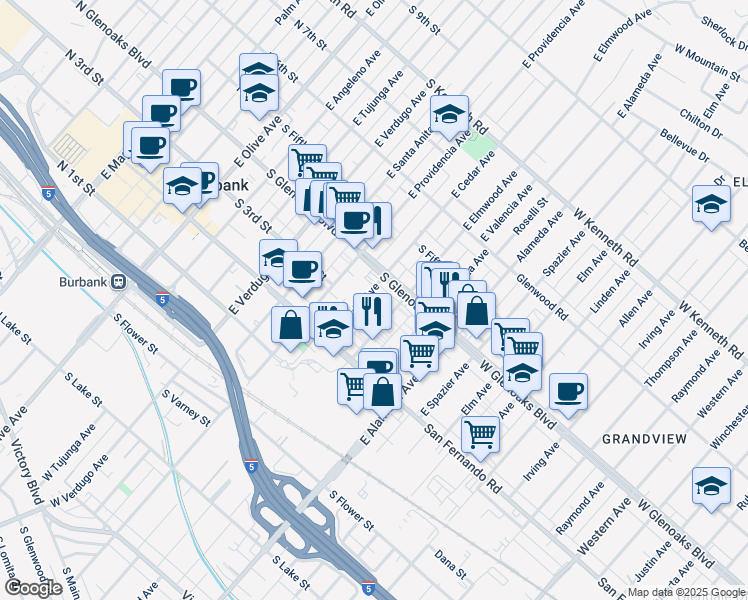 map of restaurants, bars, coffee shops, grocery stores, and more near 312 East Cedar Avenue in Burbank