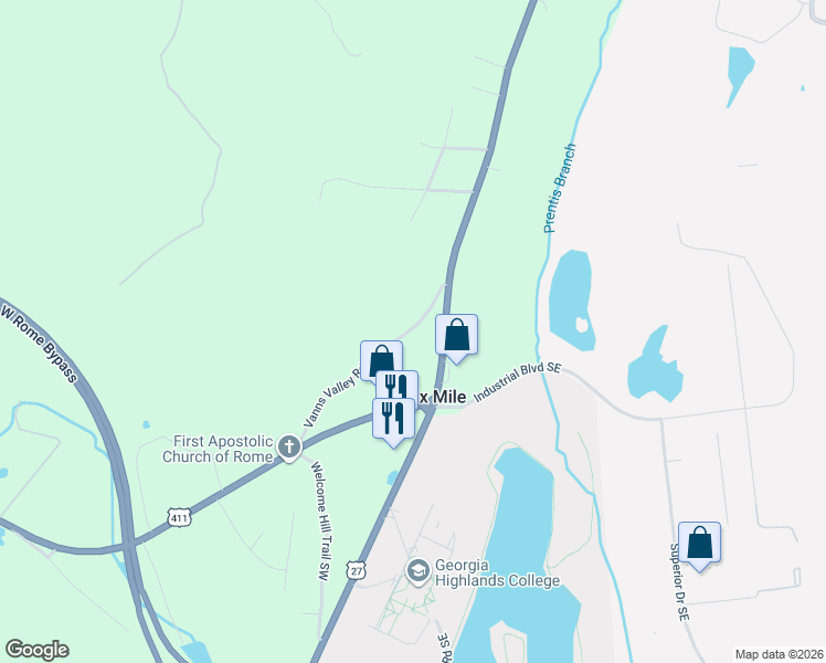 map of restaurants, bars, coffee shops, grocery stores, and more near 65 Vanns Valley Road Southwest in Rome