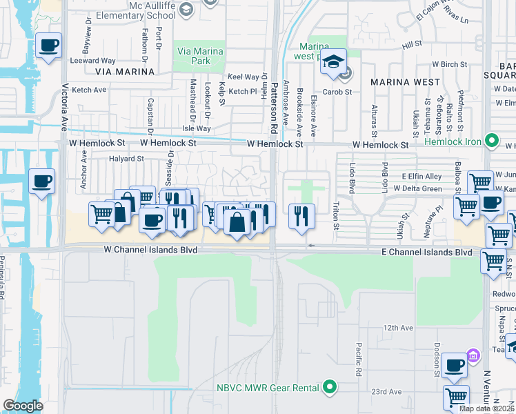 map of restaurants, bars, coffee shops, grocery stores, and more near 426 Reed Way in Port Hueneme