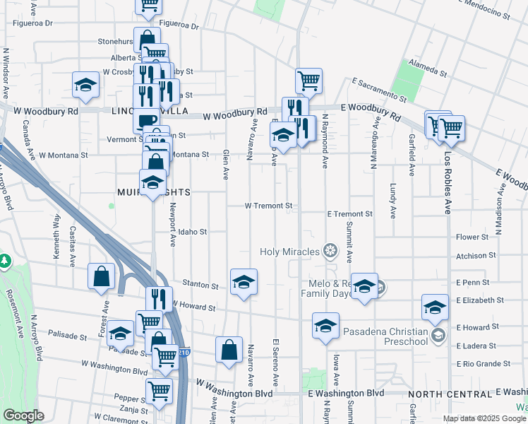 map of restaurants, bars, coffee shops, grocery stores, and more near 100 West Tremont Street in Pasadena