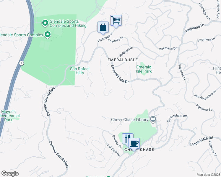 map of restaurants, bars, coffee shops, grocery stores, and more near 1940 Erin Way in Glendale