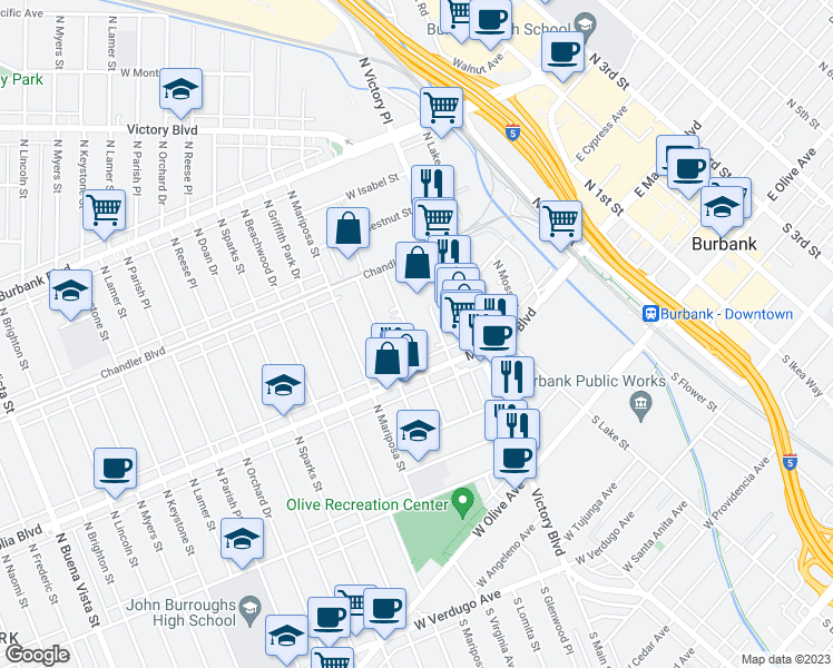 map of restaurants, bars, coffee shops, grocery stores, and more near 432 North Lomita Street in Burbank