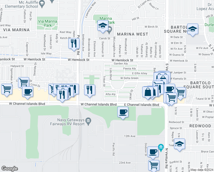 map of restaurants, bars, coffee shops, grocery stores, and more near 177 West Carmel Green in Port Hueneme