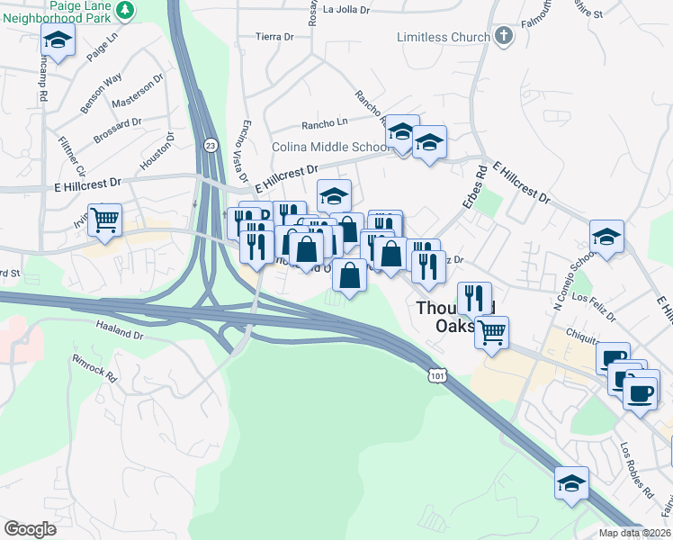 map of restaurants, bars, coffee shops, grocery stores, and more near 1459 East Thousand Oaks Boulevard in Thousand Oaks