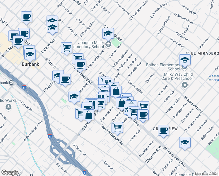 map of restaurants, bars, coffee shops, grocery stores, and more near 414 East Valencia Avenue in Burbank