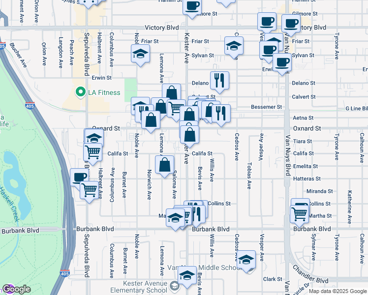 map of restaurants, bars, coffee shops, grocery stores, and more near 5915 Kester Avenue in Los Angeles