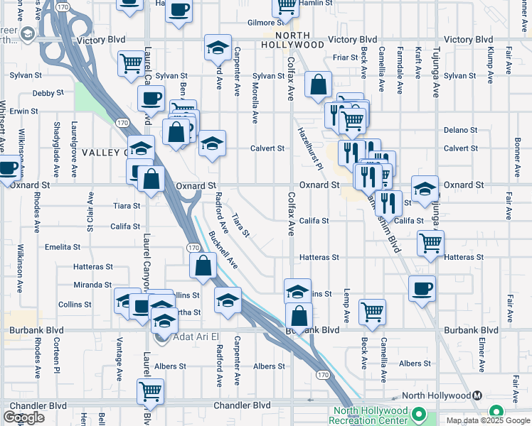 map of restaurants, bars, coffee shops, grocery stores, and more near 11730 Califa Street in Los Angeles
