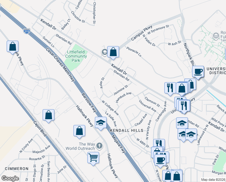 map of restaurants, bars, coffee shops, grocery stores, and more near 5265 Jasmine Street in San Bernardino