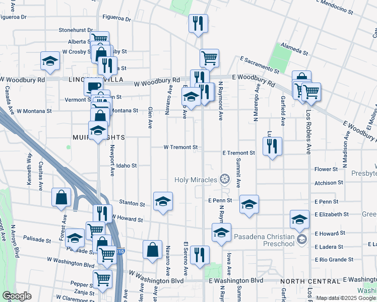 map of restaurants, bars, coffee shops, grocery stores, and more near 1842 El Sereno Avenue in Pasadena