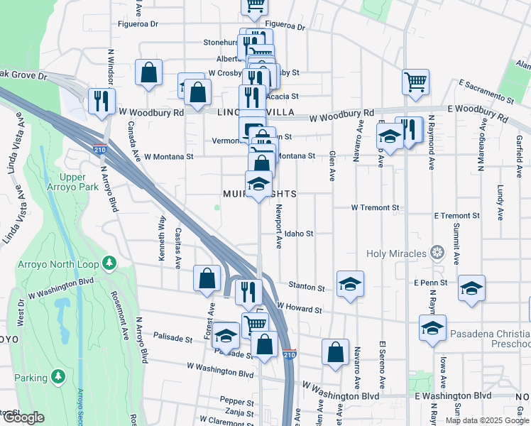 map of restaurants, bars, coffee shops, grocery stores, and more near 1852 Lincoln Avenue in Pasadena