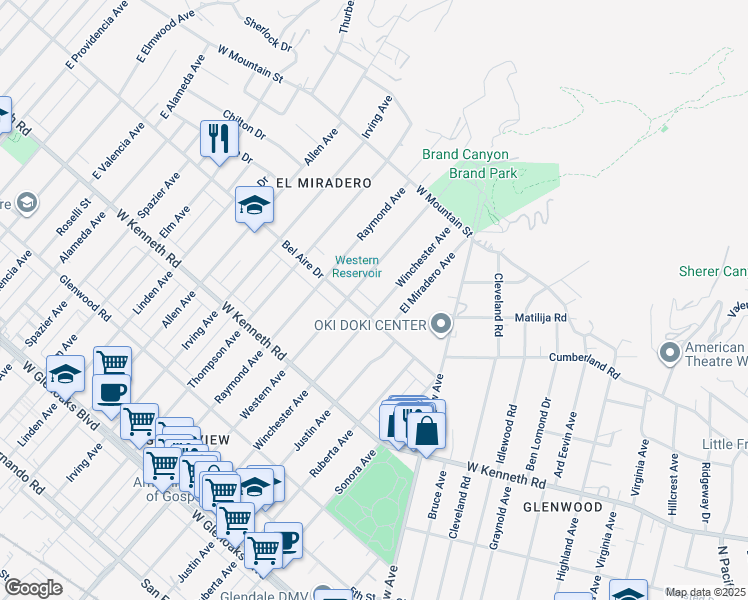 map of restaurants, bars, coffee shops, grocery stores, and more near 1625 Bel Aire Drive in Glendale