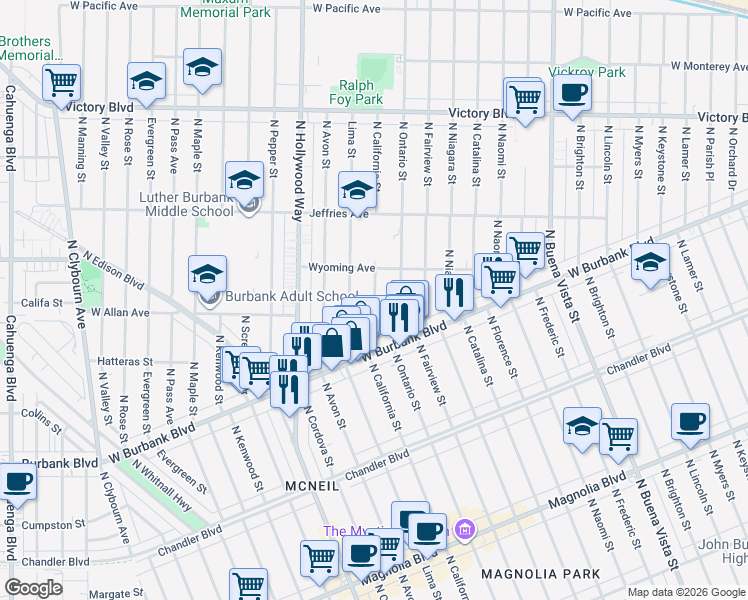 map of restaurants, bars, coffee shops, grocery stores, and more near 1500 North California Street in Burbank