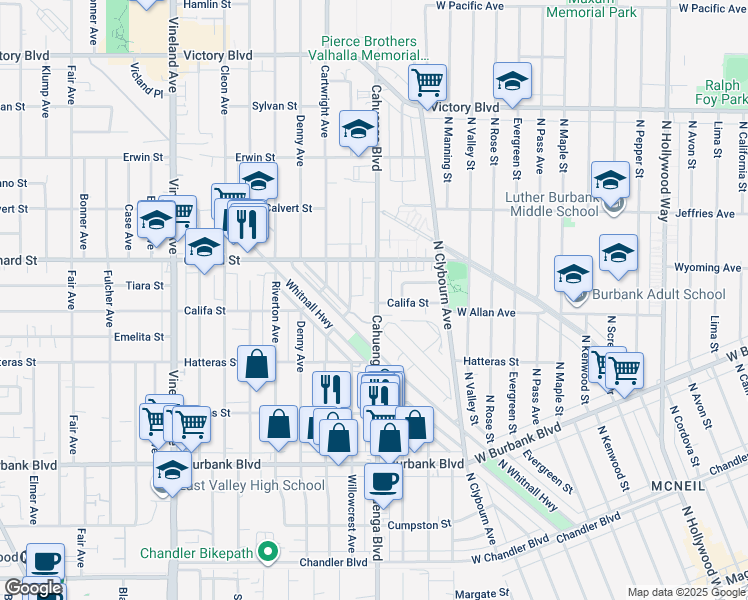 map of restaurants, bars, coffee shops, grocery stores, and more near 5901 Cahuenga Boulevard in Los Angeles