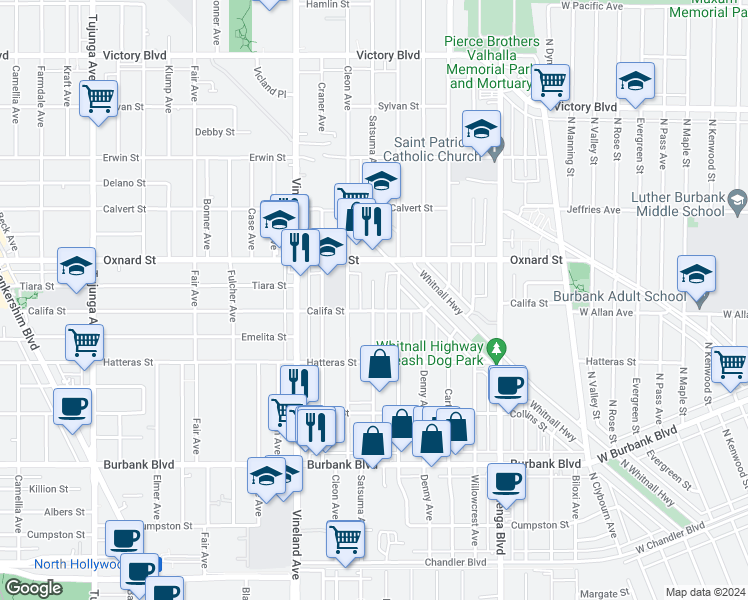 map of restaurants, bars, coffee shops, grocery stores, and more near 5861 Riverton Avenue in Los Angeles
