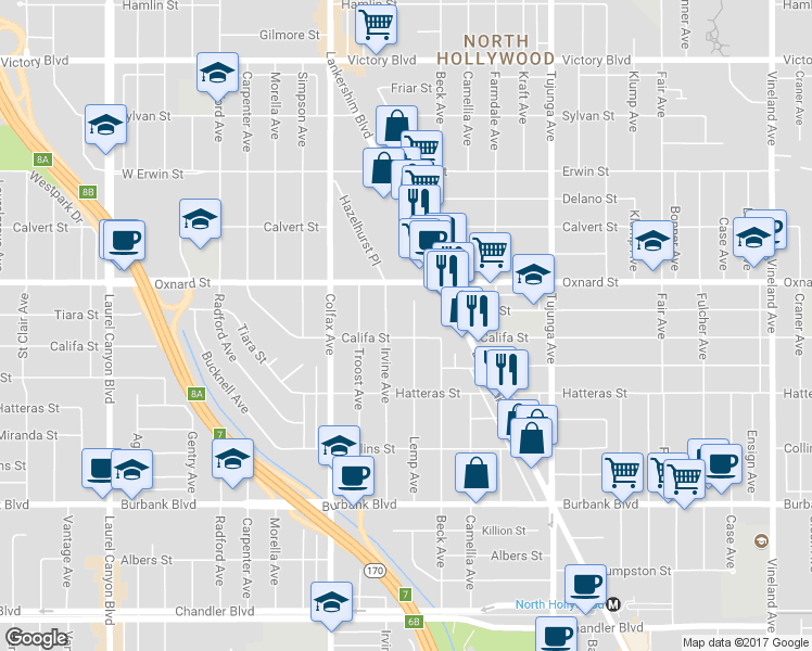 map of restaurants, bars, coffee shops, grocery stores, and more near 5859 Lemp Avenue in Los Angeles