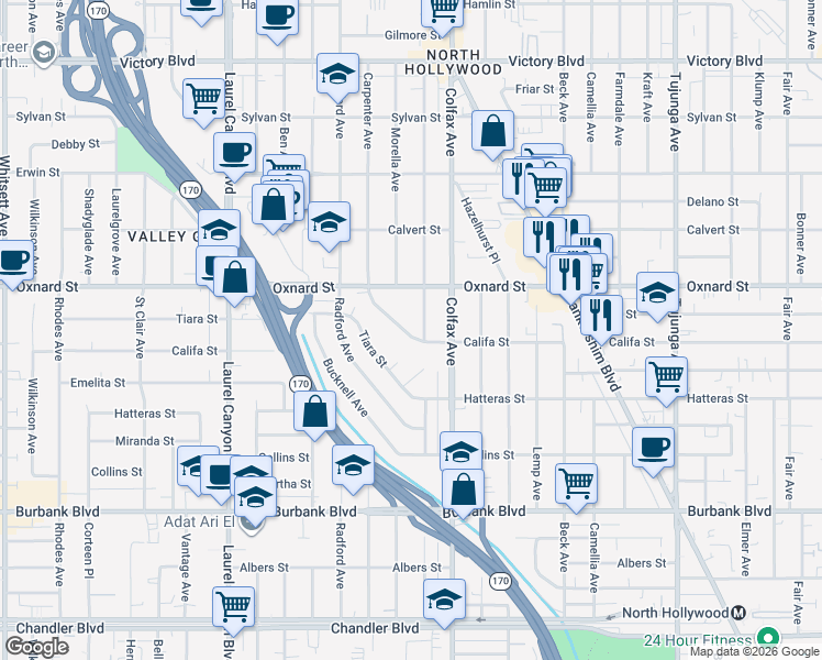 map of restaurants, bars, coffee shops, grocery stores, and more near 11730 Califa Street in Los Angeles