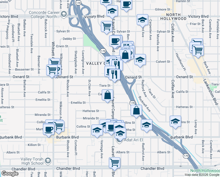map of restaurants, bars, coffee shops, grocery stores, and more near 12053 Califa Street in Los Angeles