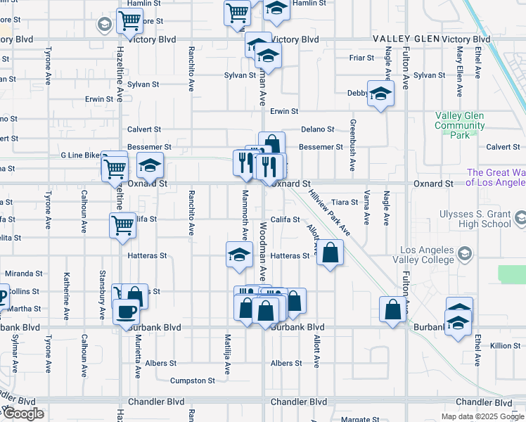 map of restaurants, bars, coffee shops, grocery stores, and more near 5860 Woodman Avenue in Los Angeles