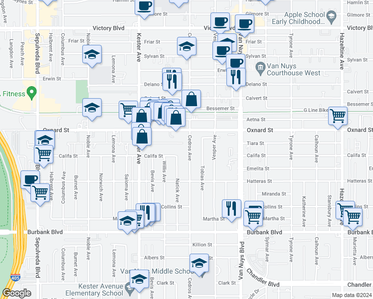 map of restaurants, bars, coffee shops, grocery stores, and more near 5859 Cedros Avenue in Los Angeles