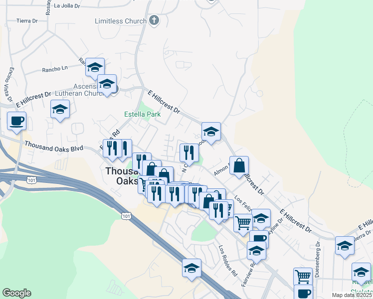 map of restaurants, bars, coffee shops, grocery stores, and more near 235 North Conejo School Road in Thousand Oaks