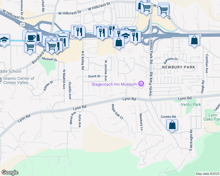 map of restaurants, bars, coffee shops, grocery stores, and more near 79 South Ellis Place in Thousand Oaks