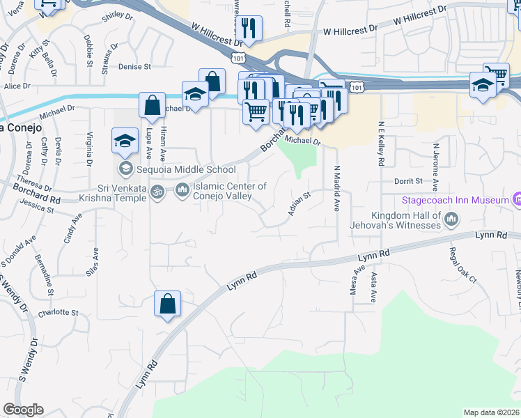 map of restaurants, bars, coffee shops, grocery stores, and more near 2408 Adrian Street in Thousand Oaks