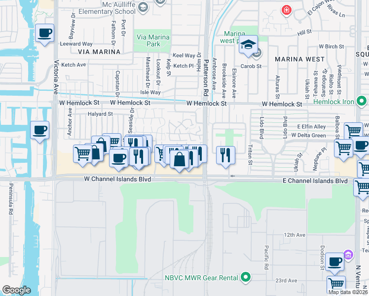 map of restaurants, bars, coffee shops, grocery stores, and more near 428 Hudson Lane in Port Hueneme