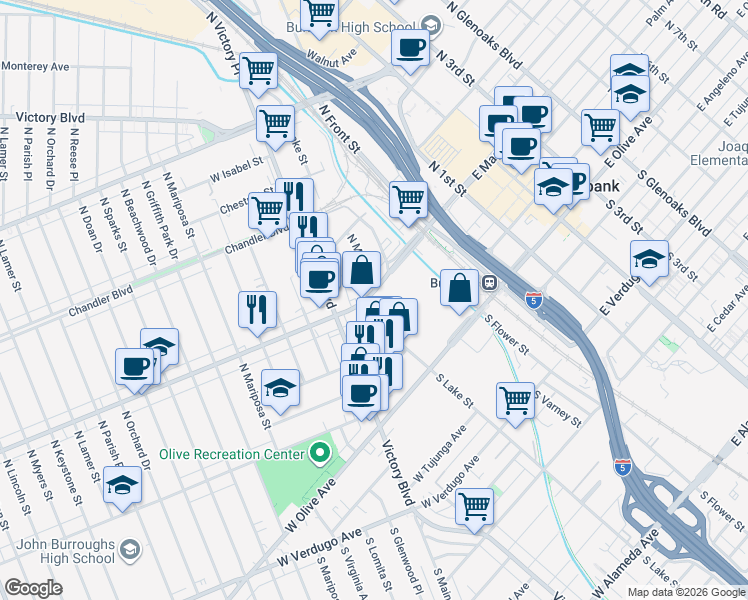 map of restaurants, bars, coffee shops, grocery stores, and more near 164 West Magnolia Boulevard in Burbank