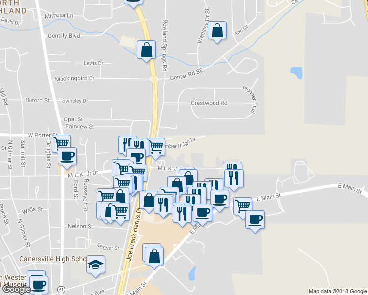 map of restaurants, bars, coffee shops, grocery stores, and more near 54 Timber Ridge Drive in Cartersville
